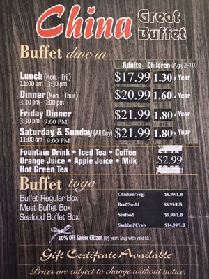 Menu photo 1 China Great Buffet El Monte, CA