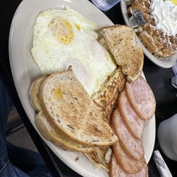 Bay Diner - 3 eggs over easy with hash, Canadian bacon and rye toast