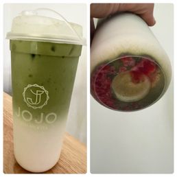 This is my strawberry Matcha milk tea.   The saddest amount of strawberries ever!!