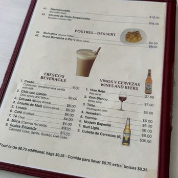 El Rinconcito Nicaraguense - Beverage and dessert menu - Nicaraguan Near Me - San Francisco, California