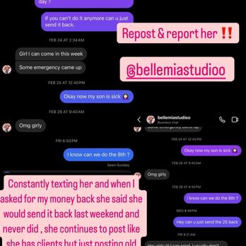 Belle Mia Studio - Proof of scam - Blow Dry/Out Services Near Me - San Bernardino, California