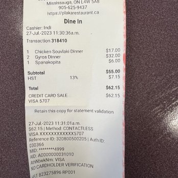 Plaka - Bill for 3 dinners (very reasonable) - Greek Near Me - Mississauga, Ontario Plaka - Bill for 3 dinners (very reasonable) - Greek Near Me - Mississauga, Ontario