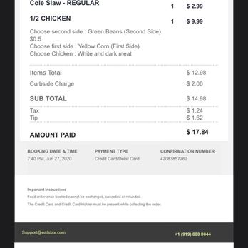 Alpaca Chicken - Receipt of my online order - Latin American Near Me - Morrisville, North Carolina Alpaca Chicken - Receipt of my online order - Latin American Near Me - Morrisville, North Carolina