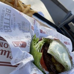 Habit Burger & Grill - 6/5/22. He bought me a teri char lettuce wrap + fries. Got up multiple times for my ton of condiments, water, napkins, etc.