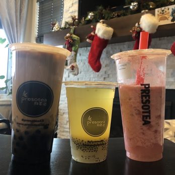 Presotea - Dirty Earl grey with boba, passion fruit kick and strawberry coconut with lichee - Coffee & Tea Near Me - Edmonton, Alberta