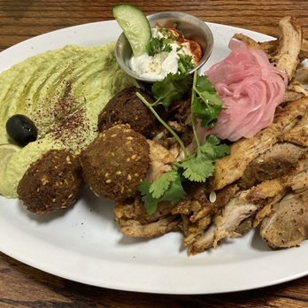 Wafaa N Mike Cafe - Chicken shawarma platter w/falafel & Jalapeño cilantro hummus (limited time Saturday menu hummus) - Mediterranean Near Me - Jacksonville, Florida Wafaa N Mike Cafe - Chicken shawarma platter w/falafel & Jalapeño cilantro hummus (limited time Saturday menu hummus) - Mediterranean Near Me - Jacksonville, Florida