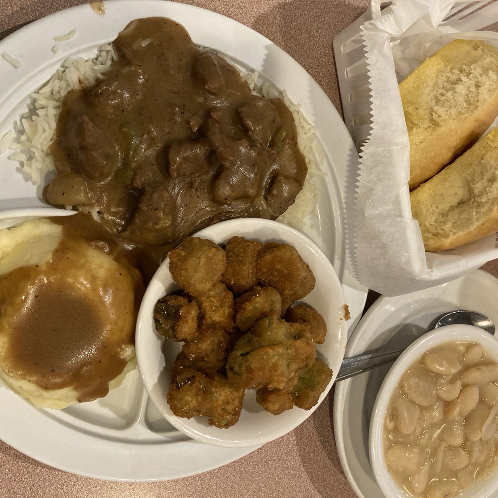 Mama's Daughters' Diner - braised beef tips over rice with sides of fried okra, mashed taters and brown gravy, large Lima beans and two big rolls. - Soul Food Near Me - Dallas, Texas Mama's Daughters' Diner - braised beef tips over rice with sides of fried okra, mashed taters and brown gravy, large Lima beans and two big rolls. - Soul Food Near Me - Dallas, Texas