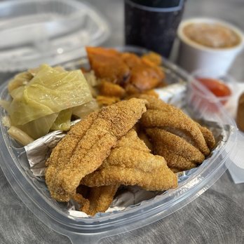 Southern Blues - Catfish (fried); four heavy delish filets!! Cabbage - tender yet not mushy & peppery; excellent  Sweet yams ... soooooo good! - Soul Food Near Me - Hanover, Maryland
