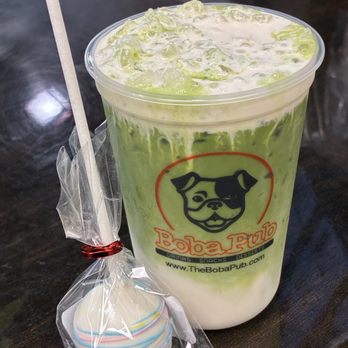 Boba Pub - Iced Matcha Latte with cold foam drip and a FunFetti Cake Pop. - Bubble Tea Near Me - San Jose, California Boba Pub - Iced Matcha Latte with cold foam drip and a FunFetti Cake Pop. - Bubble Tea Near Me - San Jose, California