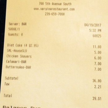Vergina - happy hour 1/2 price drinks BUT charge $3.00 for ea DIET COKE (no refills) that's cheap!  Had to give a little less for a tip b/c of that. - Italian Near Me - Naples, Florida
