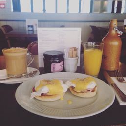 Egg Benedict with late and fresh orange juice. Lovely breakfast!
