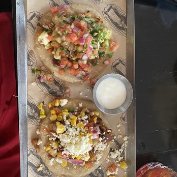Calaveras Cantina - Veggie taco on top and pollo taco on bottom - Bars Near Me - Boca Raton, Florida Calaveras Cantina - Veggie taco on top and pollo taco on bottom - Bars Near Me - Boca Raton, Florida