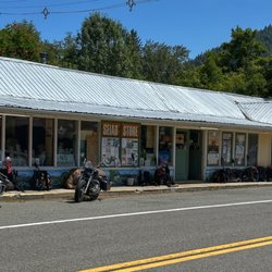 Seiad Cafe - Some of the PCT hikers' packs in front of the the market and cafe.
