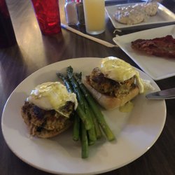 The Coneburg Grill And Pub - Crab cakes eggs Benedict with sautéed asparagus