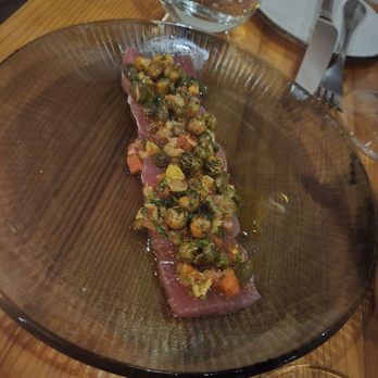 Oak & Reel - Crudo - yellowfin tuna, pesto di pantelleria, golden raisin, agrodolce and chickpea - Italian Near Me - Detroit, Michigan Oak & Reel - Crudo - yellowfin tuna, pesto di pantelleria, golden raisin, agrodolce and chickpea - Italian Near Me - Detroit, Michigan