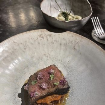 Atomix - A5 Wagyu, tomato ssamjang, potato, chopi gamtae noodle, gim - Korean Near Me - New York, New York Atomix - A5 Wagyu, tomato ssamjang, potato, chopi gamtae noodle, gim - Korean Near Me - New York, New York
