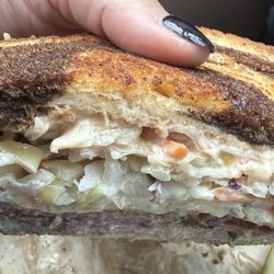 Pastrami with Cole slaw on marble rye bread