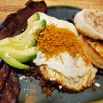 Lucky Fins - Quinoa power bowl with bacon & english muffin - Sushi Bars Near Me - Greeley, Colorado Lucky Fins - Quinoa power bowl with bacon & english muffin - Sushi Bars Near Me - Greeley, Colorado