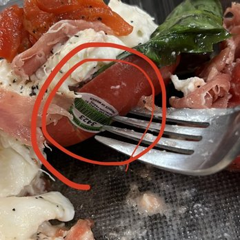 Gale's - Sticker still on a tomato for their burrata appetizer dish... yikes! - Italian Near Me - Pasadena, California Gale's - Sticker still on a tomato for their burrata appetizer dish... yikes! - Italian Near Me - Pasadena, California