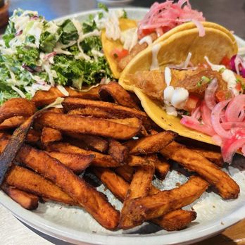 California Fish Grill - 7/10/26 My beer battered fish tacos with kale slaw & sweet potato fries - Seafood Near Me - Las Vegas, Nevada