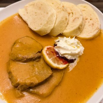Café Louvre - BRAISED BEEF WITH CREAMY SAUCE, cranberry target, bread dumplings - Cafes Near Me - Prague, Puerto Rico