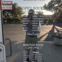 Exterior outside entrance of Snowline Thrift Store - Folsom - Posted hours. - Folsom, California Exterior outside entrance of Snowline Thrift Store - Folsom - Posted hours. - Folsom, California