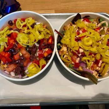 Tahini - Salad bowl and rice bowl, both with extra chicken and toppings - Mediterranean Near Me - San Diego, California Tahini - Salad bowl and rice bowl, both with extra chicken and toppings - Mediterranean Near Me - San Diego, California
