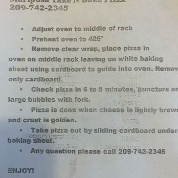 Mariposa Take N Bake Pizza - Directions on how to bake your pizza. - Pizza Near Me - Mariposa, California Mariposa Take N Bake Pizza - Directions on how to bake your pizza. - Pizza Near Me - Mariposa, California