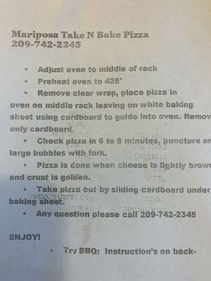 Menu photo 1 Mariposa Take N Bake Pizza Mariposa, CA Menu photo 1 Mariposa Take N Bake Pizza Mariposa, CA