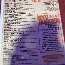 Menu . Burger is pepper jack, grilled onion and hatch green chili.