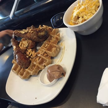 Dame's Chicken & Waffles - 4 chicken drumsticks, sweet potato waffles, chocolate hazelnut smear. Side of mac and cheese. - Southern Near Me - Durham, North Carolina Dame's Chicken & Waffles - 4 chicken drumsticks, sweet potato waffles, chocolate hazelnut smear. Side of mac and cheese. - Southern Near Me - Durham, North Carolina