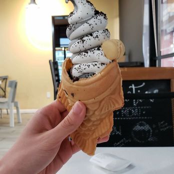 Snowtime - Black sesame/vanilla swirl ice cream in a fish cone with red bean. Topped with Oreo crumbs and a macaron. Delish! - Coffee & Tea Near Me - Chandler, Arizona Snowtime - Black sesame/vanilla swirl ice cream in a fish cone with red bean. Topped with Oreo crumbs and a macaron. Delish! - Coffee & Tea Near Me - Chandler, Arizona