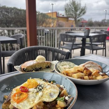 First Watch - Chimichurri Steak & Eggs Hash and Biscuits & Turkey Sausage Gravy With Eggs and Blueberry Lemon Cornbread - Breakfast & Brunch Near Me - San Antonio, Texas