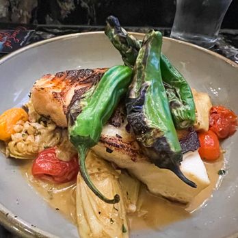 Bolero Restaurante - Seared Filet of Seabass -Marinated in Valencia Orange Juice with Artichokes & Blistered Cranberry Tomatoes, Grilled Shishito - Tapas/Small Plates Near Me - Temecula, California