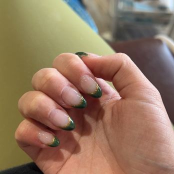 Blink Blink Nails - Green French tip with gold trim - Nail Salons Near Me - Gilroy, California Blink Blink Nails - Green French tip with gold trim - Nail Salons Near Me - Gilroy, California