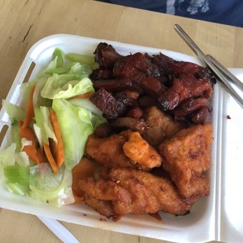 Golden Fortune Express - Veggie side + fish and pork ($1 extra) - Chinese Near Me - La Crescenta, California