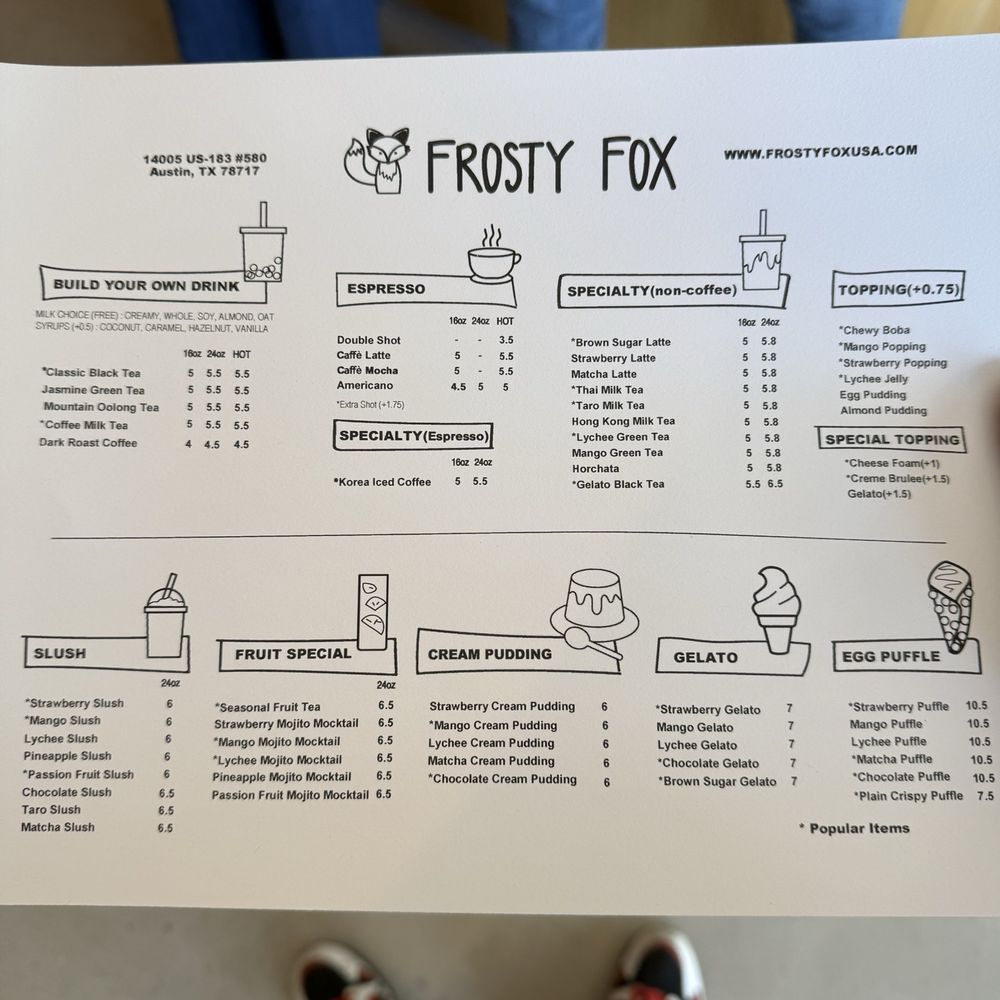 Frosty Fox - Menu - Desserts Near Me - Austin, Texas Frosty Fox - Menu - Desserts Near Me - Austin, Texas