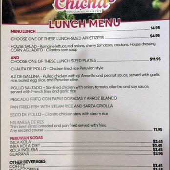 Chicha Peruvian Kitchen - The lunch page of the menu offers a good selection of Peruvian lunch cuisine, along with beverages, and a couple of lunch-sized appetizers. - Peruvian Near Me - Roseville, California