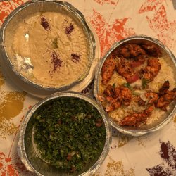 Crave King Restaurant - Hummus, tabule, chicken over rice.