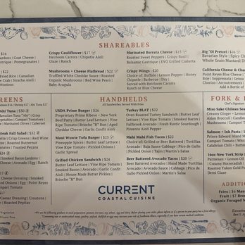 CURRENT Coastal Cuisine - New menu November 25. Some great new choices! They also switched from a limited lunch menu and this is now the all day menu. - Lounges Near Me - Newport Beach, California