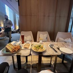a table with plates of food on it