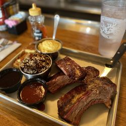 BJ's Nevada Barbecue - 3 Beef Rib Platter w/Cheddar Grits, Dirty Rice & Cornbread...Wednesday special