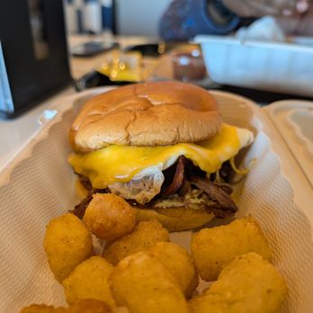 Effin Egg - BBQ brisket Sammy and tots (nicely seasoned) - Waffles Near Me - Las Vegas, Nevada Effin Egg - BBQ brisket Sammy and tots (nicely seasoned) - Waffles Near Me - Las Vegas, Nevada