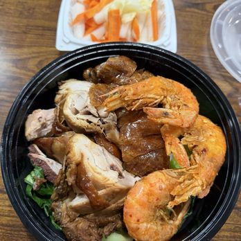 China BBQ - Three meat combo plate: shoyu chicken, pepper&garlic shrimp & roasted duck. - Chinese Near Me - Westminster, Colorado China BBQ - Three meat combo plate: shoyu chicken, pepper&garlic shrimp & roasted duck. - Chinese Near Me - Westminster, Colorado