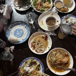 Papaya salad, grilled beef salad, squid & shrimp salad, chicken satay, morning glory with fish. YUM!!! Papaya salad, grilled beef salad, squid & shrimp salad, chicken satay, morning glory with fish. YUM!!!