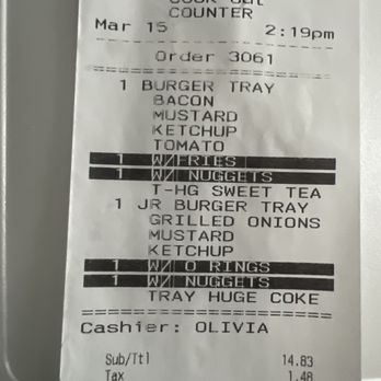 Cook Out - Receipt - Burgers Near Me - Columbia, South Carolina Cook Out - Receipt - Burgers Near Me - Columbia, South Carolina