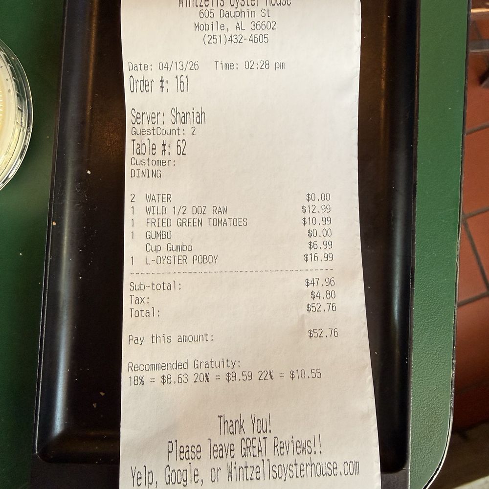 Wintzell's Oyster House - The bill. - Seafood Near Me - Mobile, Alabama Wintzell's Oyster House - The bill. - Seafood Near Me - Mobile, Alabama
