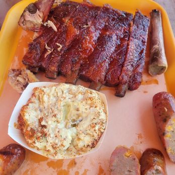 Butcher BBQ Stand - Half slab of ribs, potato salad and cheddar/jalapeño sausage - Barbeque Near Me - Wellston, Oklahoma Butcher BBQ Stand - Half slab of ribs, potato salad and cheddar/jalapeño sausage - Barbeque Near Me - Wellston, Oklahoma