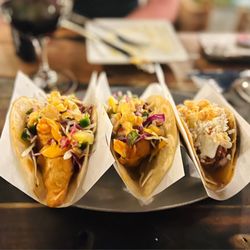 Taco Y Vino - Tempura catfish, brisket guiso