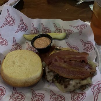 Taco Mac - My bacon-Swiss burger. (Our server got me mushrooms with it, too!) - Sports Bars Near Me - Cumming, Georgia Taco Mac - My bacon-Swiss burger. (Our server got me mushrooms with it, too!) - Sports Bars Near Me - Cumming, Georgia